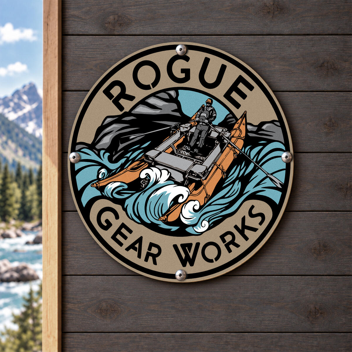 Rogue Gear Works - Brand Identity Vintage-style Rogue Gear Works logo sign featuring a custom raft frame navigating whitewater, displayed against a dark wood wall with a mountain river in the background.