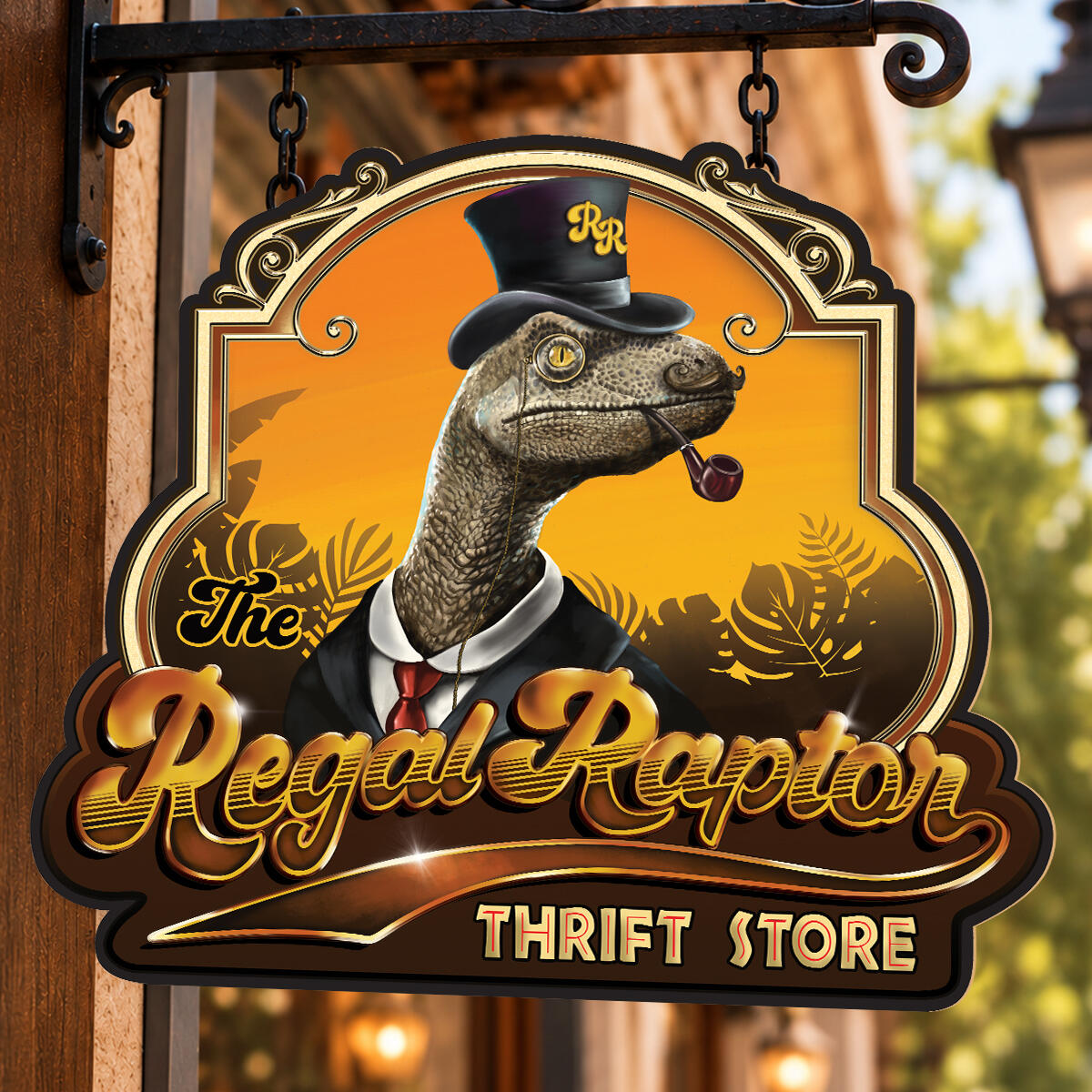 The Regal Raptor - Brand Identity Vintage-style Regal Raptor Thrift Store logo featuring an illustrated raptor in a top hat and monocle on a hanging storefront sign.